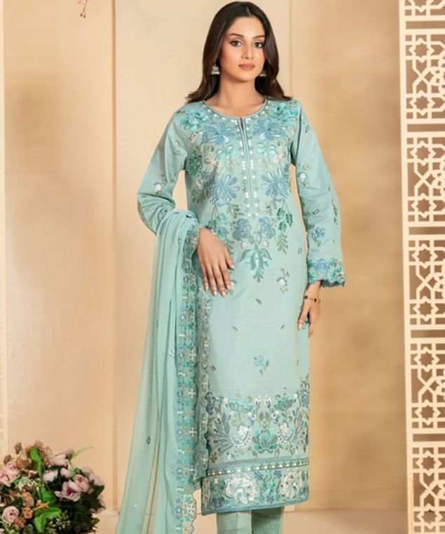 Aqua Bloom Embroidered 3-Piece Suit