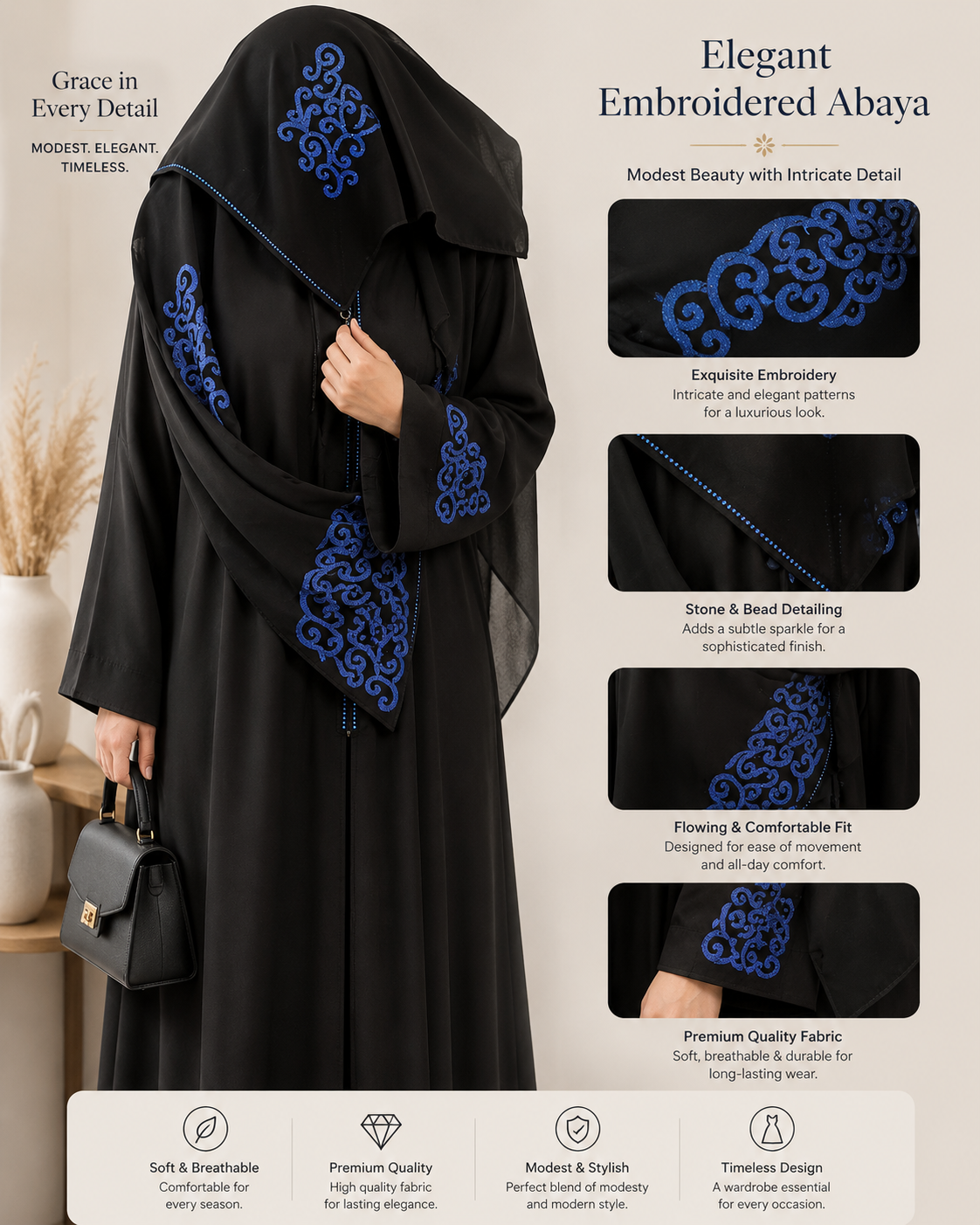 Royal Sapphire Embroidered Abaya