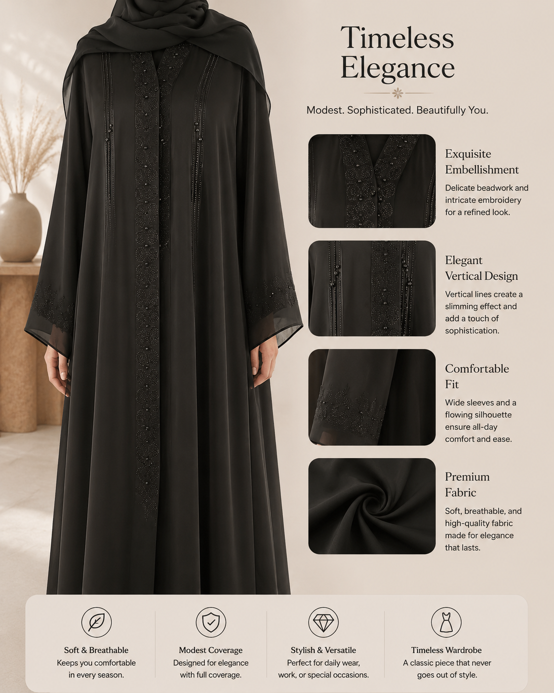 Classic Noir Stone Work Abaya