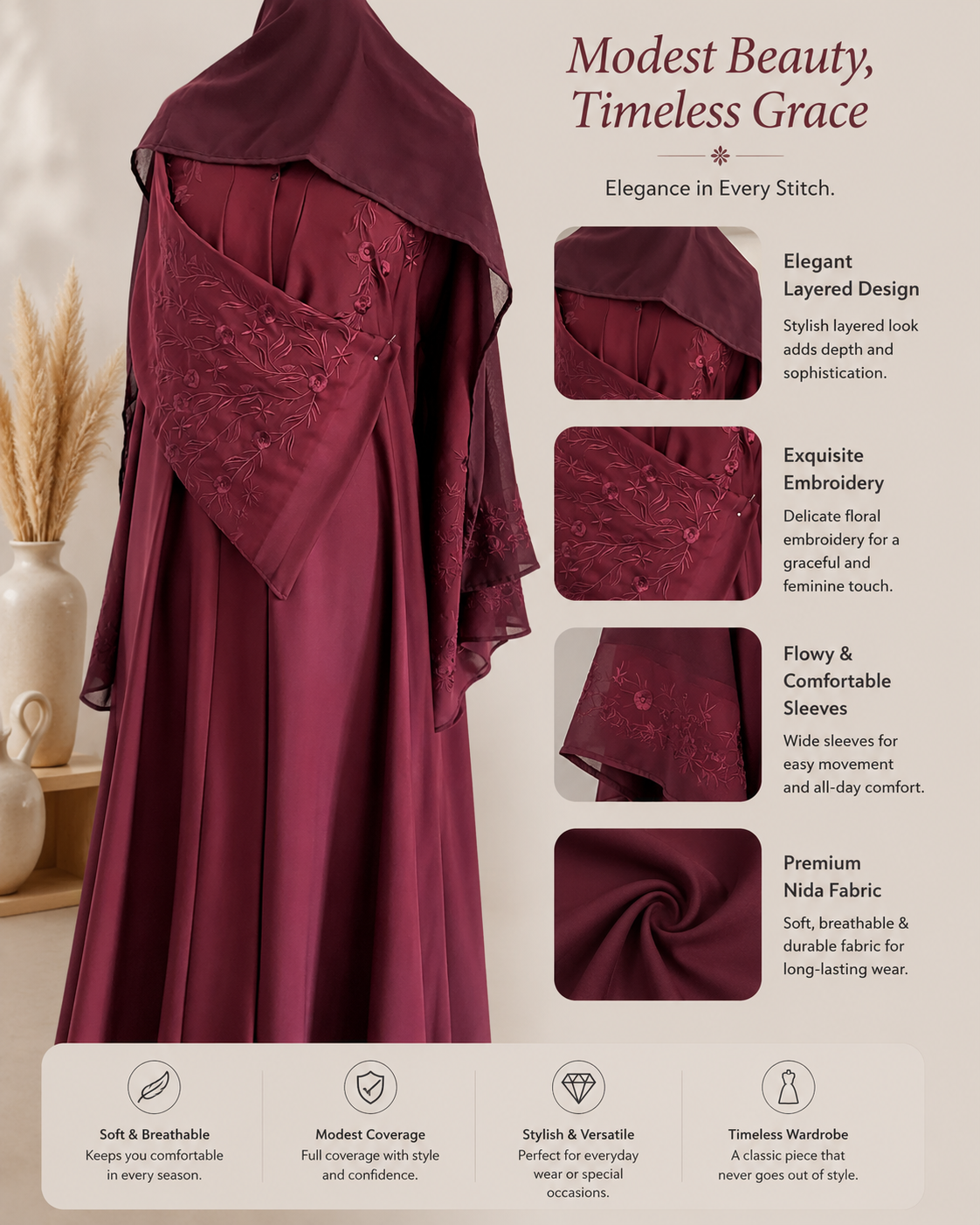 Burgundy Bloom Embroidered Abaya