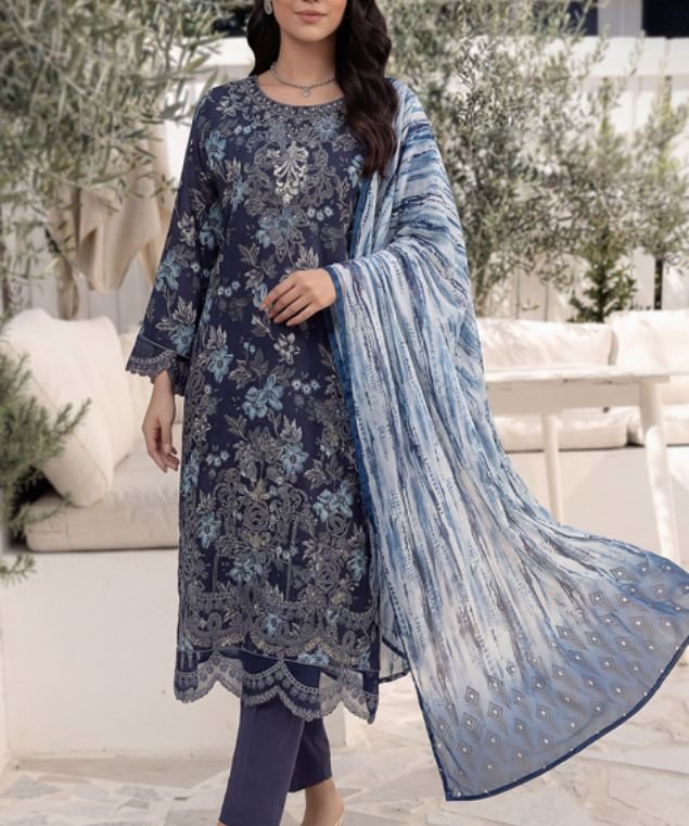 Deep Navy Midnight Floral 3-Piece Embroidered Lawn Suit