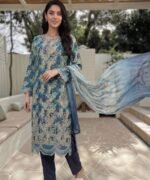 Ocean Teal Mosaic Bloom 3-Piece Lawn Suit