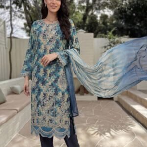 Ocean Teal Mosaic Bloom 3-Piece Lawn Suit
