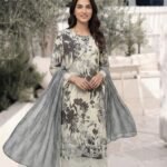 Charcoal & Off-White Botanical 3-Piece Lawn Suit (Design Code: D-5641)