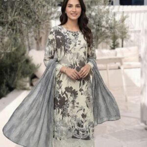 Charcoal & Off-White Botanical 3-Piece Lawn Suit (Design Code: D-5641)
