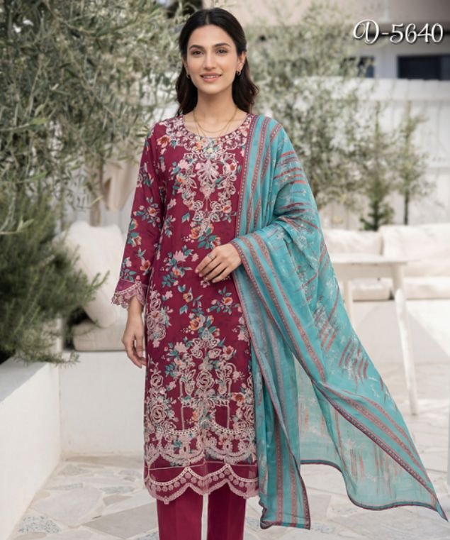 Rich Plum & Aqua Breeze 3-Piece Lawn Suit (Design Code: D-5640)