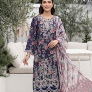 Royal Navy Floral Elegance 3-Piece Lawn Suit (Design Code: D-5642)