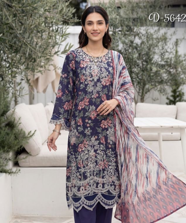 Royal Navy Floral Elegance 3-Piece Lawn Suit (Design Code: D-5642)