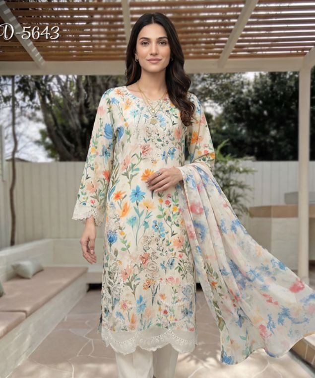 Ivory Meadow Garden 3-Piece Lawn Suit (Design Code: D-5643)
