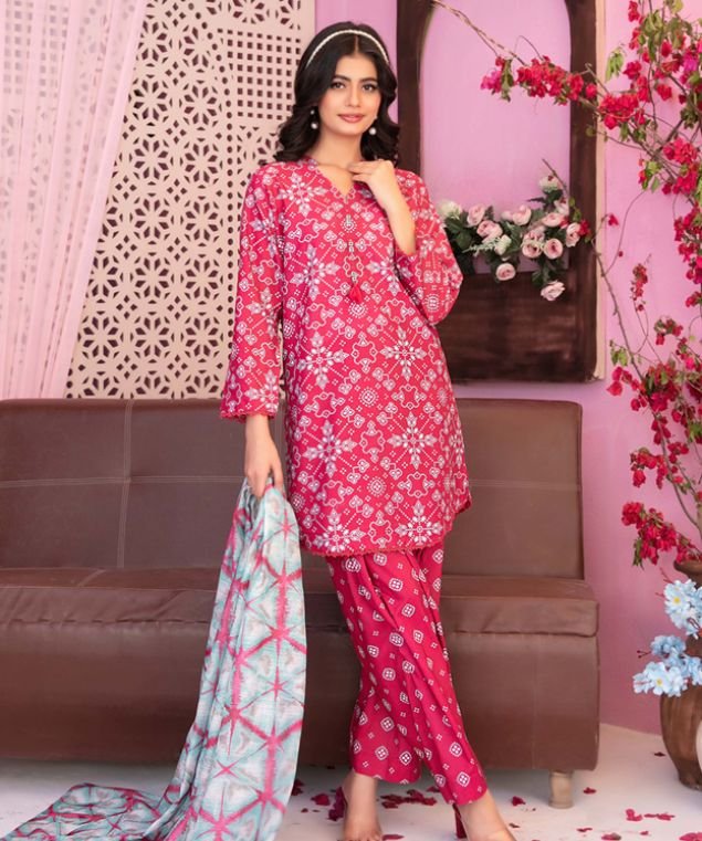 Hot Pink Bandhani 3-Piece Printed Lawn Suit