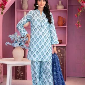 Ice Blue Block Print 3-Piece Lawn Suit