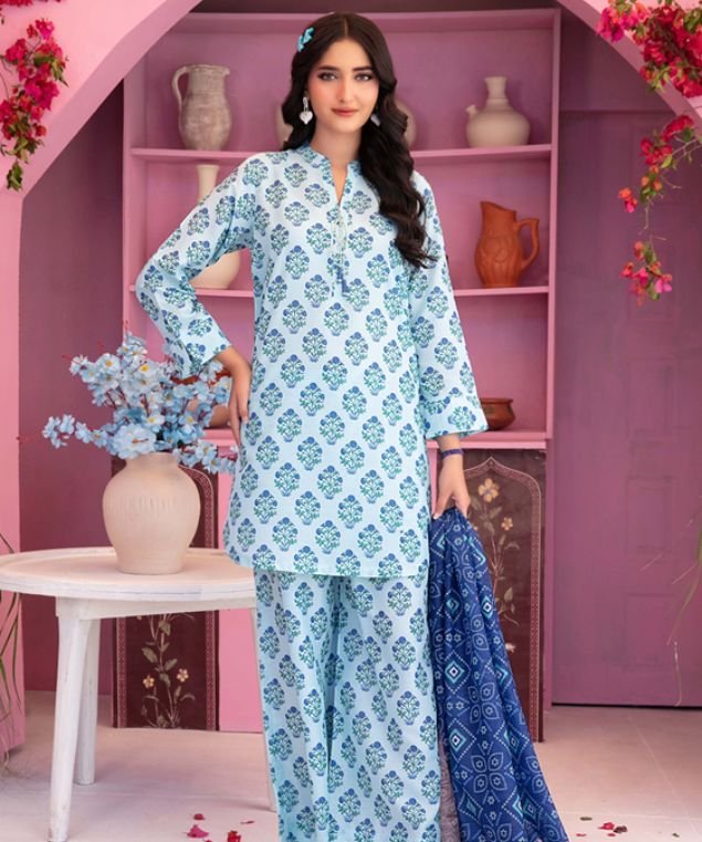 Ice Blue Block Print 3-Piece Lawn Suit