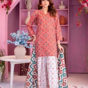 Coral Red Geometric Ikat 3-Piece Printed Lawn Suit