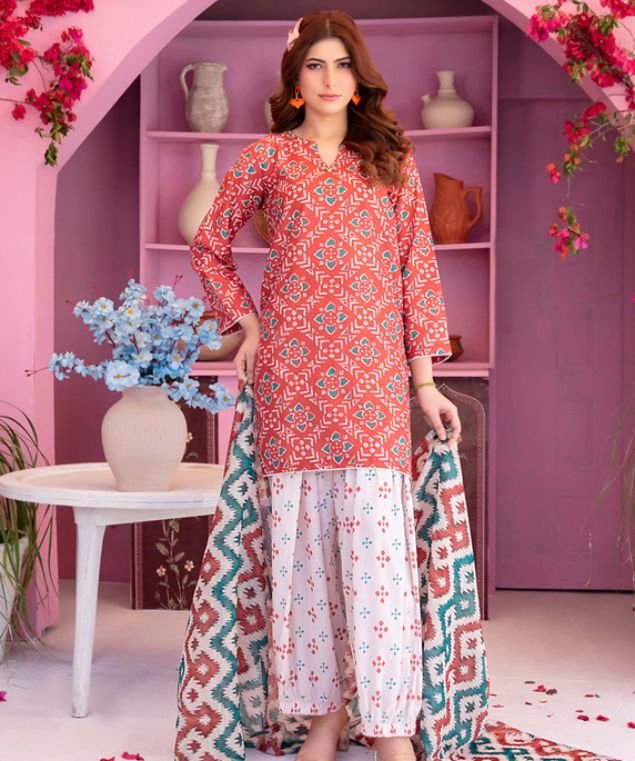 Coral Red Geometric Ikat 3-Piece Printed Lawn Suit