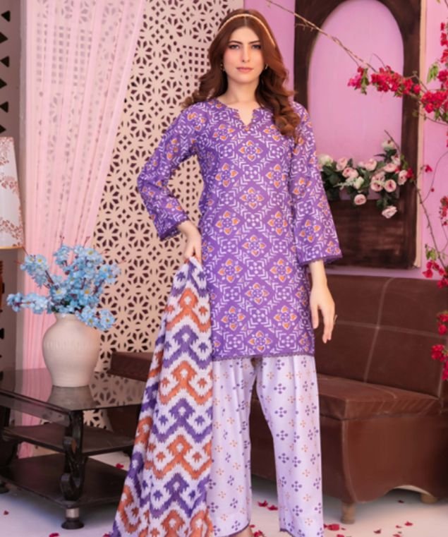 Vibrant Purple Mosaic 3-Piece Lawn Suit