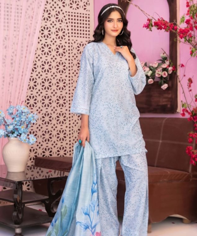Sky Blue Botanical 3-Piece Lawn Suit