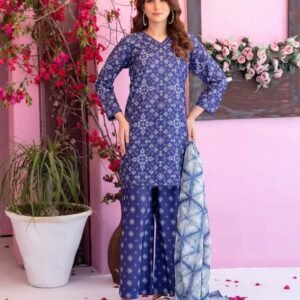 Royal Blue Geometric Chunri 3-Piece Lawn Suit
