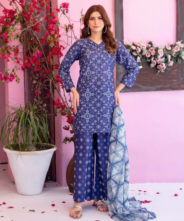 Royal Blue Geometric Chunri 3-Piece Lawn Suit