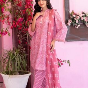 Rose Pink Lace Print 3-Piece Lawn Suit