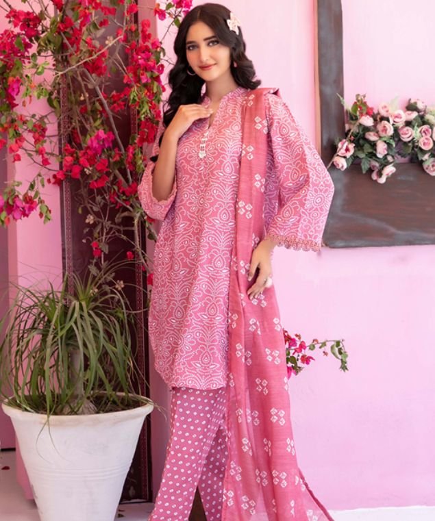Rose Pink Lace Print 3-Piece Lawn Suit