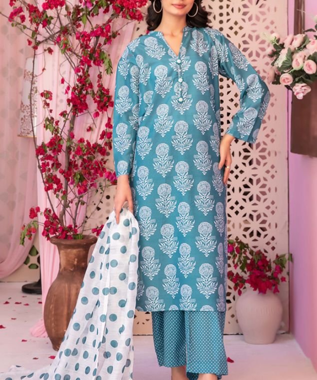 Ocean Teal Block Floral 3-Piece Lawn Suit