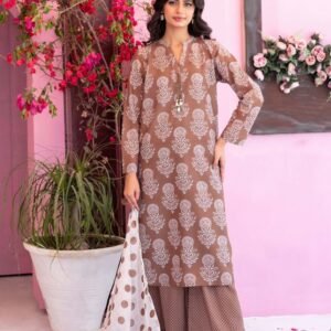 Mocha Brown Floral Motif 3-Piece Lawn Suit