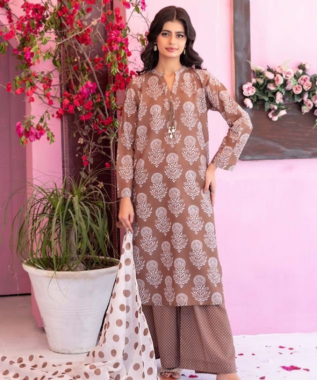 Mocha Brown Floral Motif 3-Piece Lawn Suit