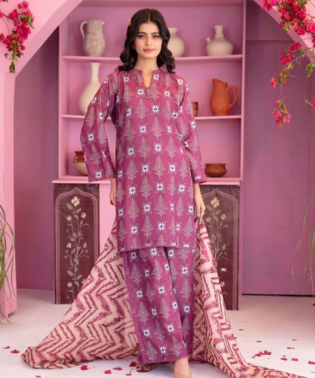 Plum Geometric Pine 3-Piece Lawn Suit