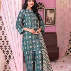 Forest Green Geometric Pine 3-Piece Lawn Suit
