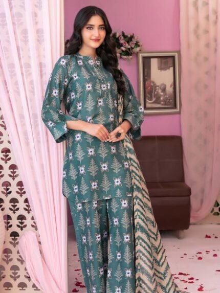 Forest Green Geometric Pine 3-Piece Lawn Suit