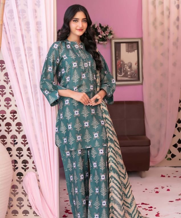 Forest Green Geometric Pine 3-Piece Lawn Suit