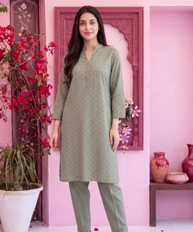 Sage Green Geometric 3-Piece Lawn Suit