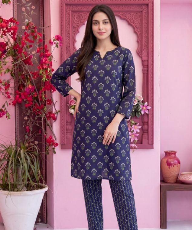 Deep Indigo Floral Motif 3-Piece Lawn Suit