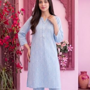 Powder Blue Leaf Motif 3-Piece Lawn Suit