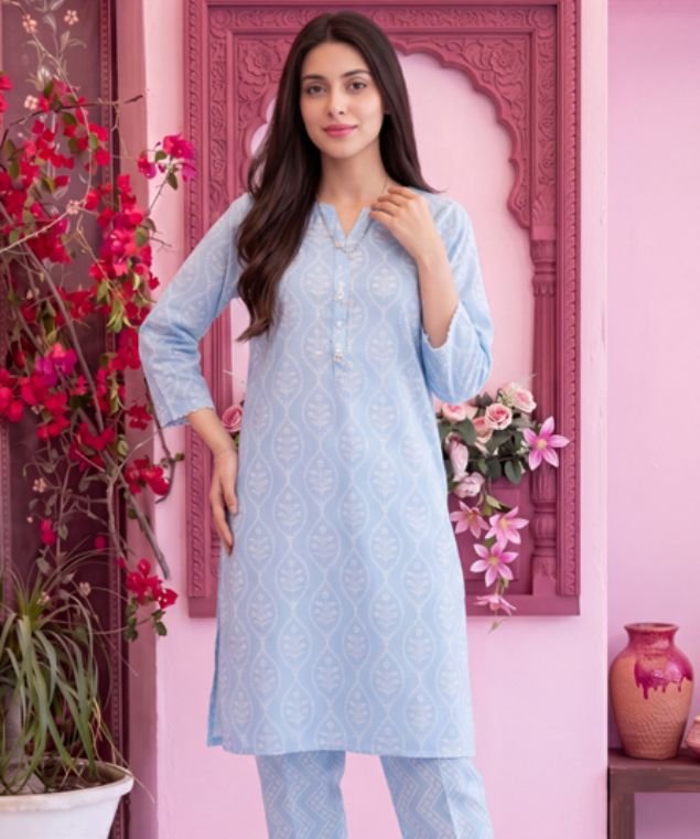 Powder Blue Leaf Motif 3-Piece Lawn Suit