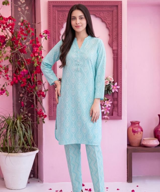 Sky Blue Geometric 3-Piece Lawn Suit