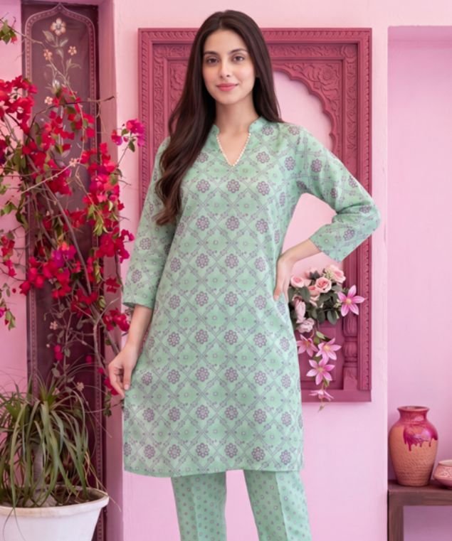 Pistachio Green Floral Lattice 3-Piece Lawn Suit