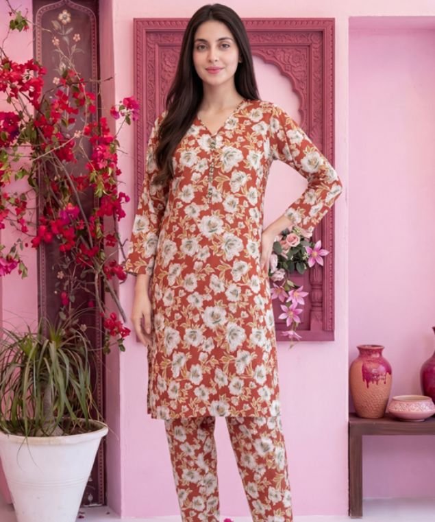 Rust Terracotta Floral 3-Piece Lawn Suit