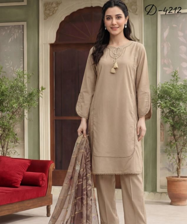 Beige Elegance Tassel Trim 3-Piece Lawn Suit