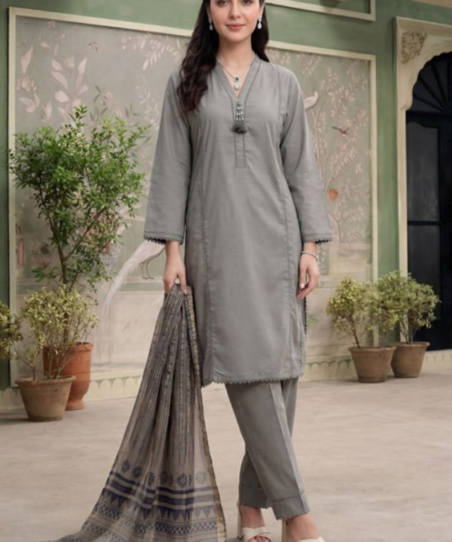 Slate Grey Geometric 3-Piece Lawn Suit