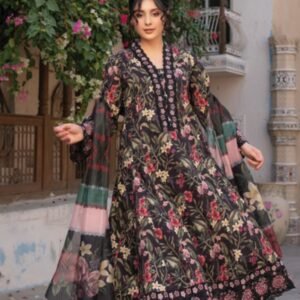Midnight Floral Anarkali 3-Piece Embroidered Lawn Suit