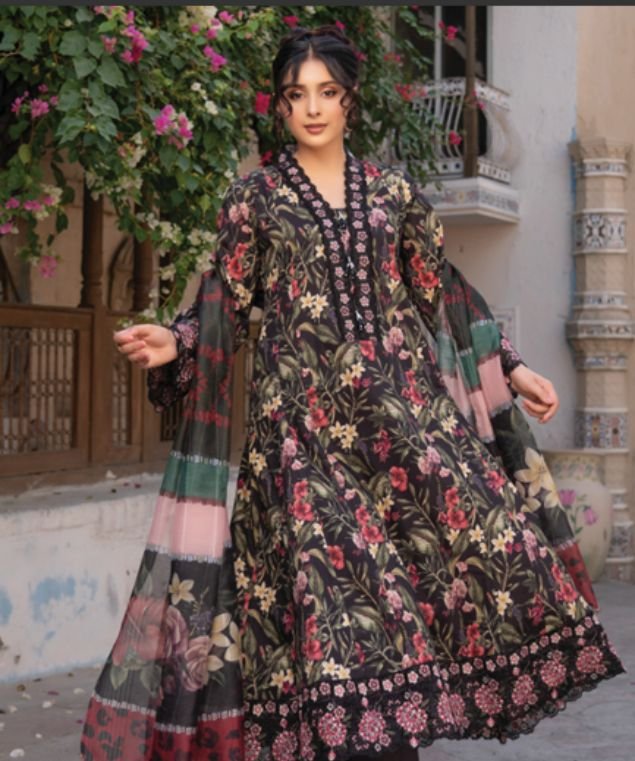 Midnight Floral Anarkali 3-Piece Embroidered Lawn Suit