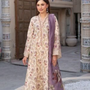 Vintage Cream & Plum Bloom 3-Piece Lawn Suit