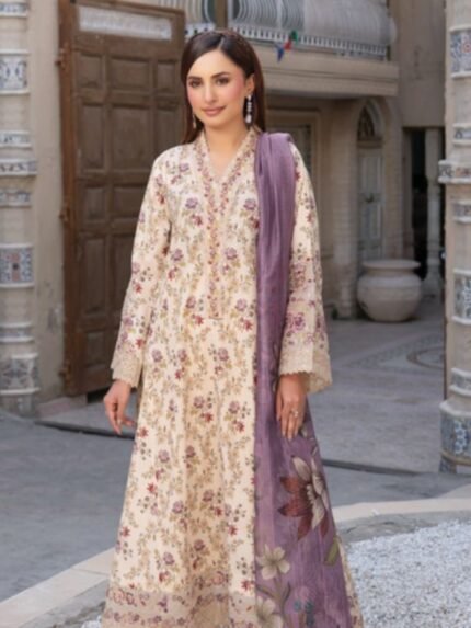 Vintage Cream & Plum Bloom 3-Piece Lawn Suit