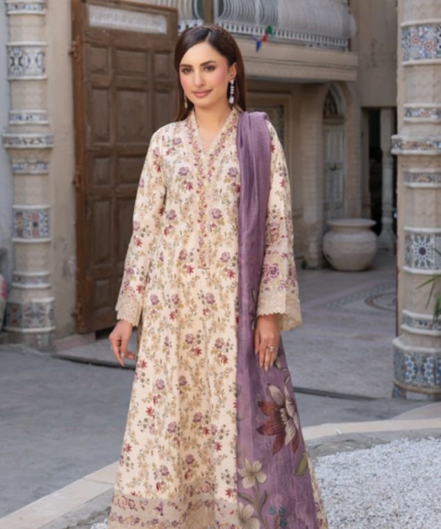 Vintage Cream & Plum Bloom 3-Piece Lawn Suit