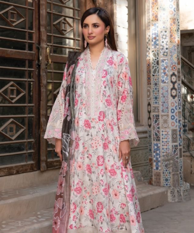 Ivory Magenta Gardenia 3-Piece Lawn Suit
