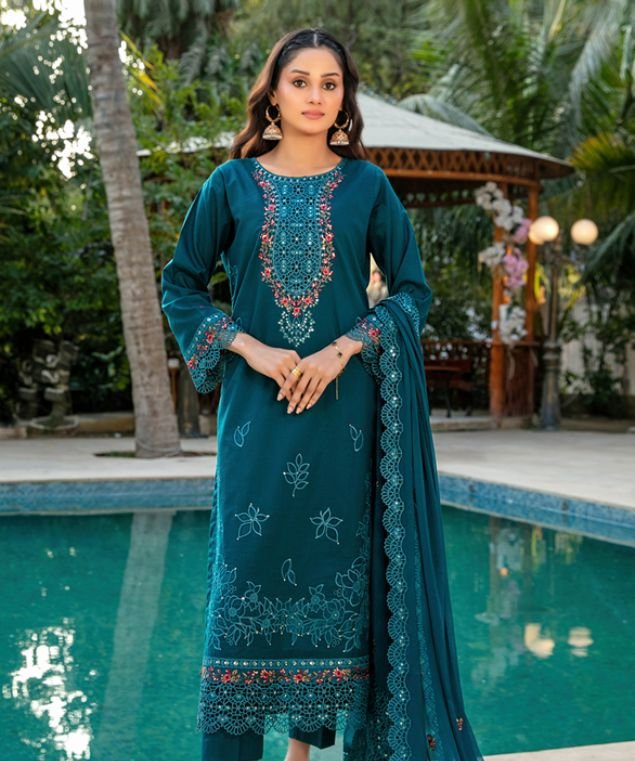 Deep Teal Cutwork 3-Piece Lawn Suit