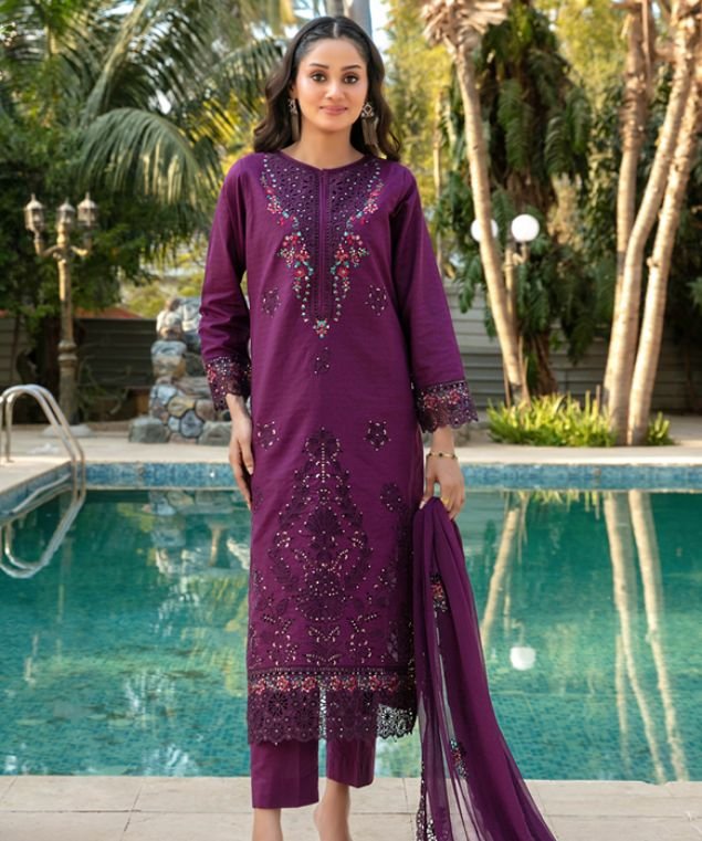 Royal Purple Cutwork 3-Piece Lawn Suit