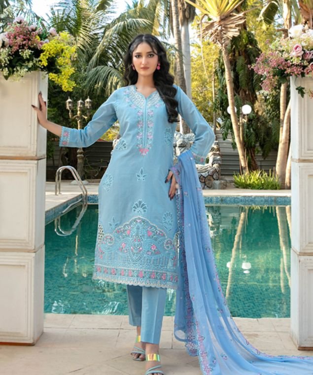 Dusty Sky Blue Embroidered 3-Piece Lawn Suit