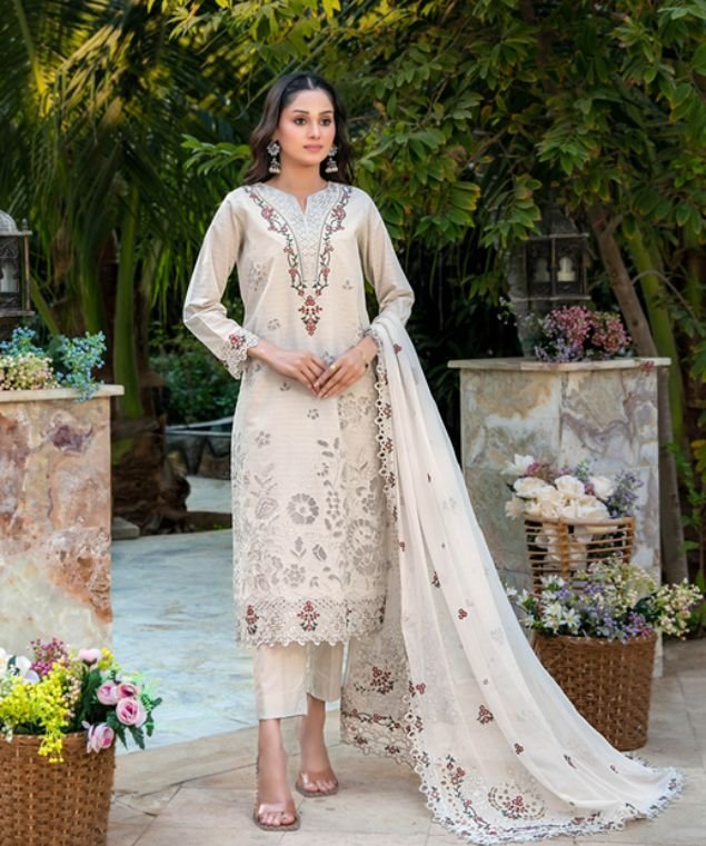Warm Cream & Rust 3-Piece Lawn Suit